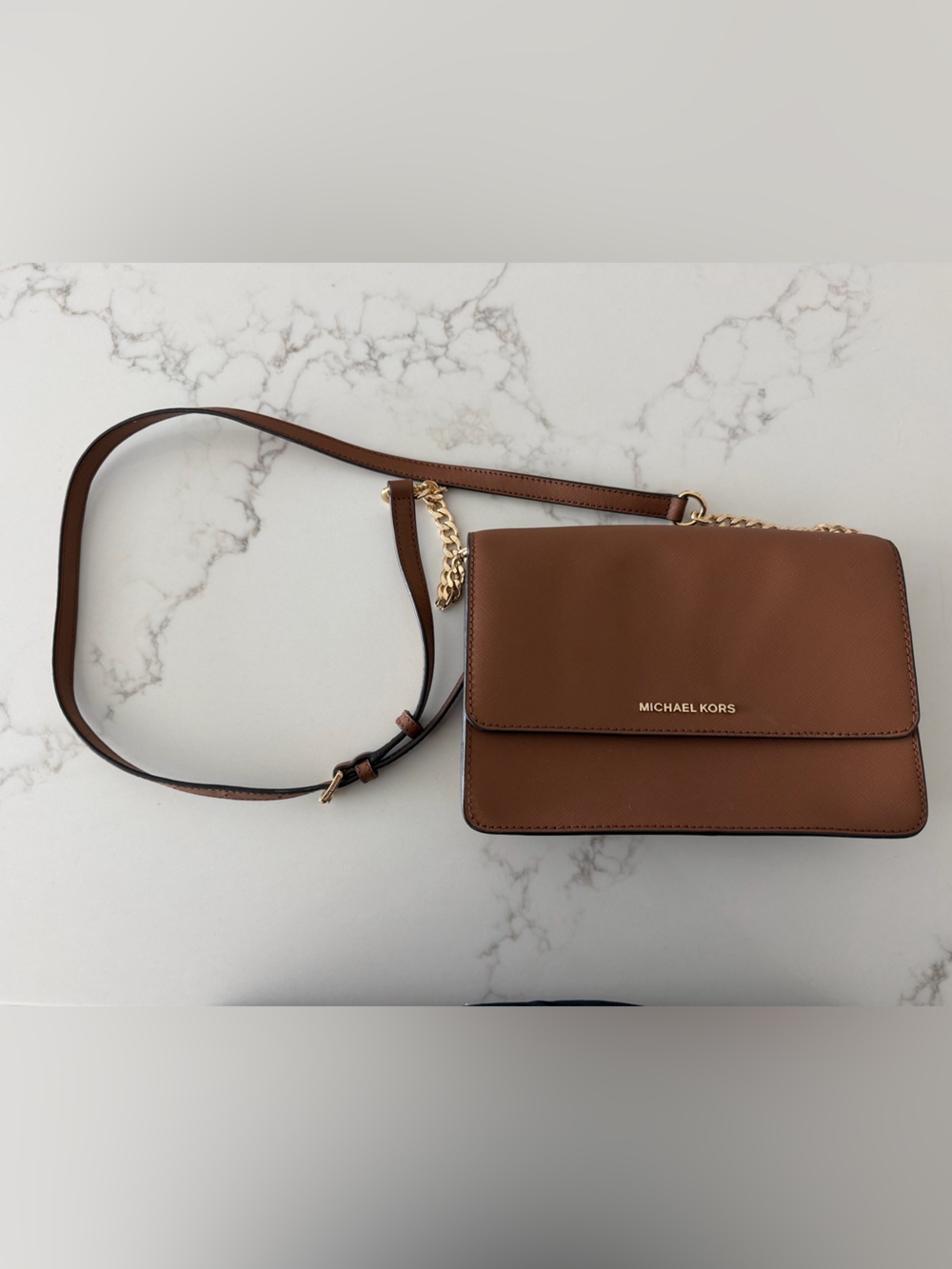 Michael Kors Brown Leather Crossbody with Gold Chain Accent